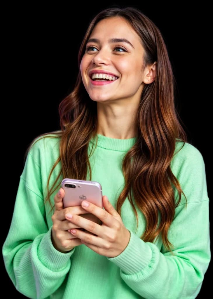 Smiling engineer in a green top using a phone in a modern workspace